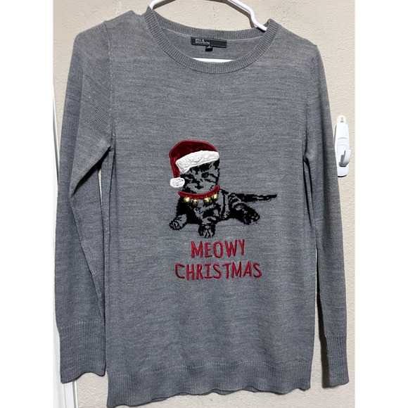 Meowy Christmas Grey Sweater Kitty Cat Holiday 89th & Madison sz S - Picture 1 of 6